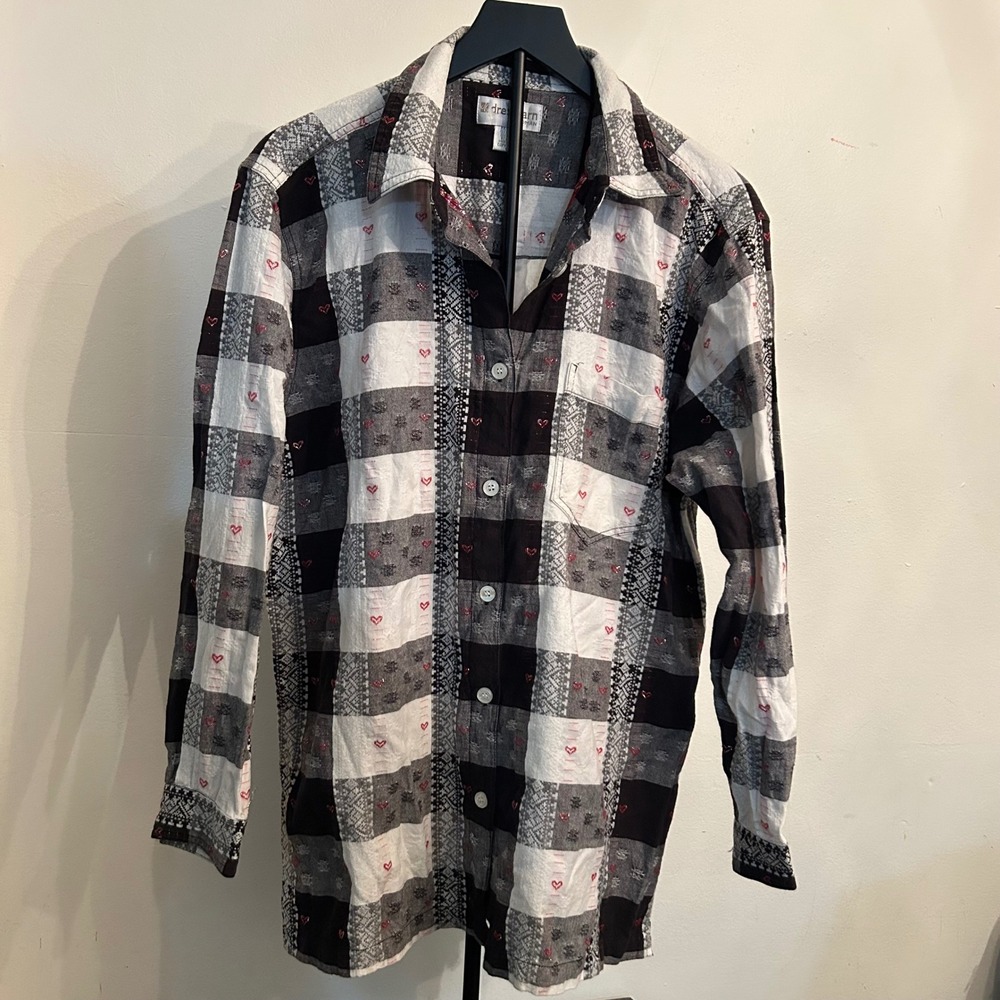 Dressbarn Woman 1X Button‎ Down Top Plaid Black White Heart Long Sleeve Shirt